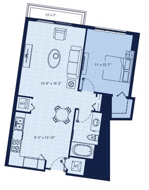 Floor plan for 1 bed, 1 bath, 758 sqft